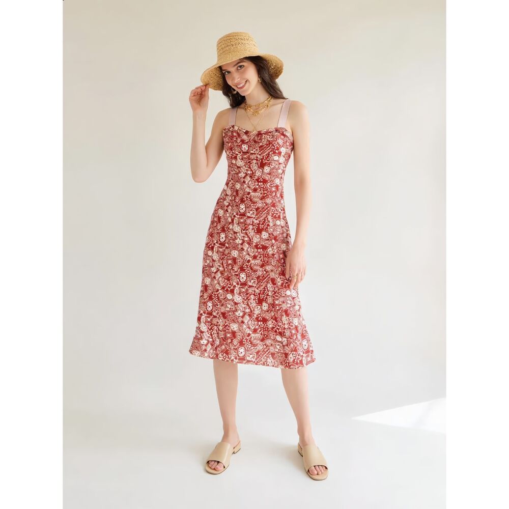 Rebecca Taylor Rust Batik Print Midi Dress Sz 6 Boho A-Line Viscose Flounce Hem